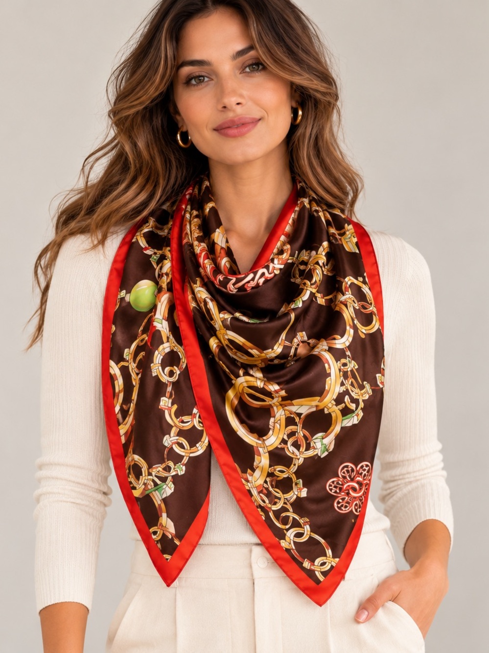 M.O.S.I. Satin Equestrian Chain Print Square Scarf 35” Brown Gold